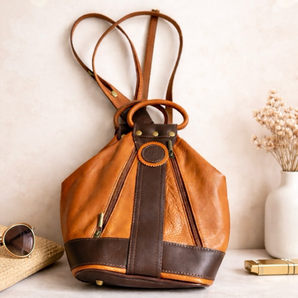 Two-Tone Tan and Dark Brown Leather Drawstring Backpack